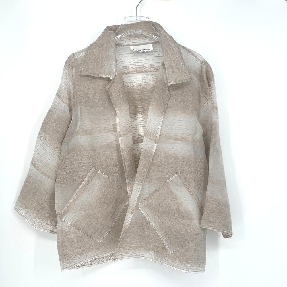 Caroline Rose Jacket Womens L Sheer Neutral Collared Dressy Lightweight Striped